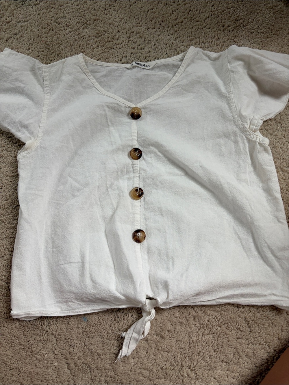 SHEIN Cream Button-Front Tie-Hem Short Sleeve Top